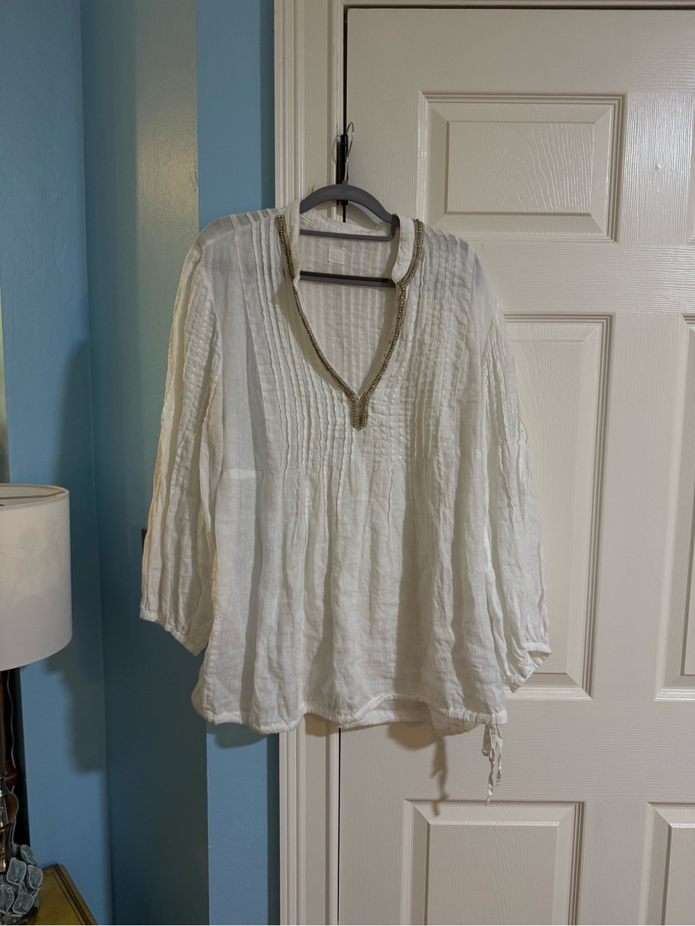 Women’s White Gauze V-Neck Blouse with Contrast Trim